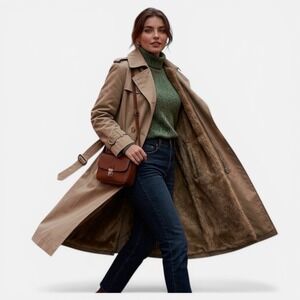 Mod Maid 70s Tan Trench Coat Zip out Faux Fur Lining Hooded 7/9 dark academia